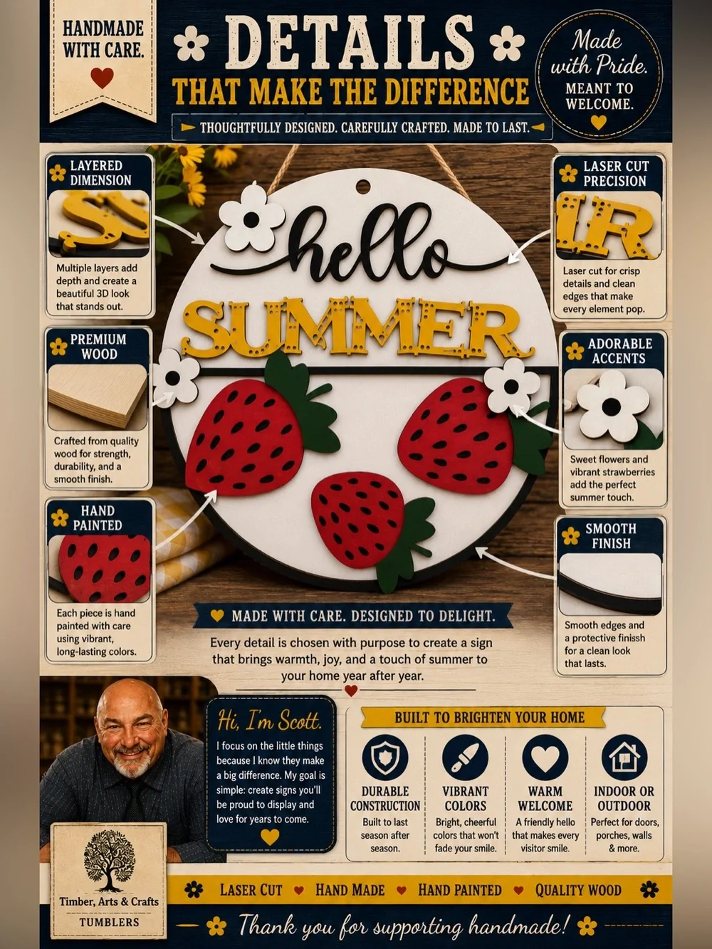 Handcrafted “Hello Summer” Strawberry Wooden Decor Sign